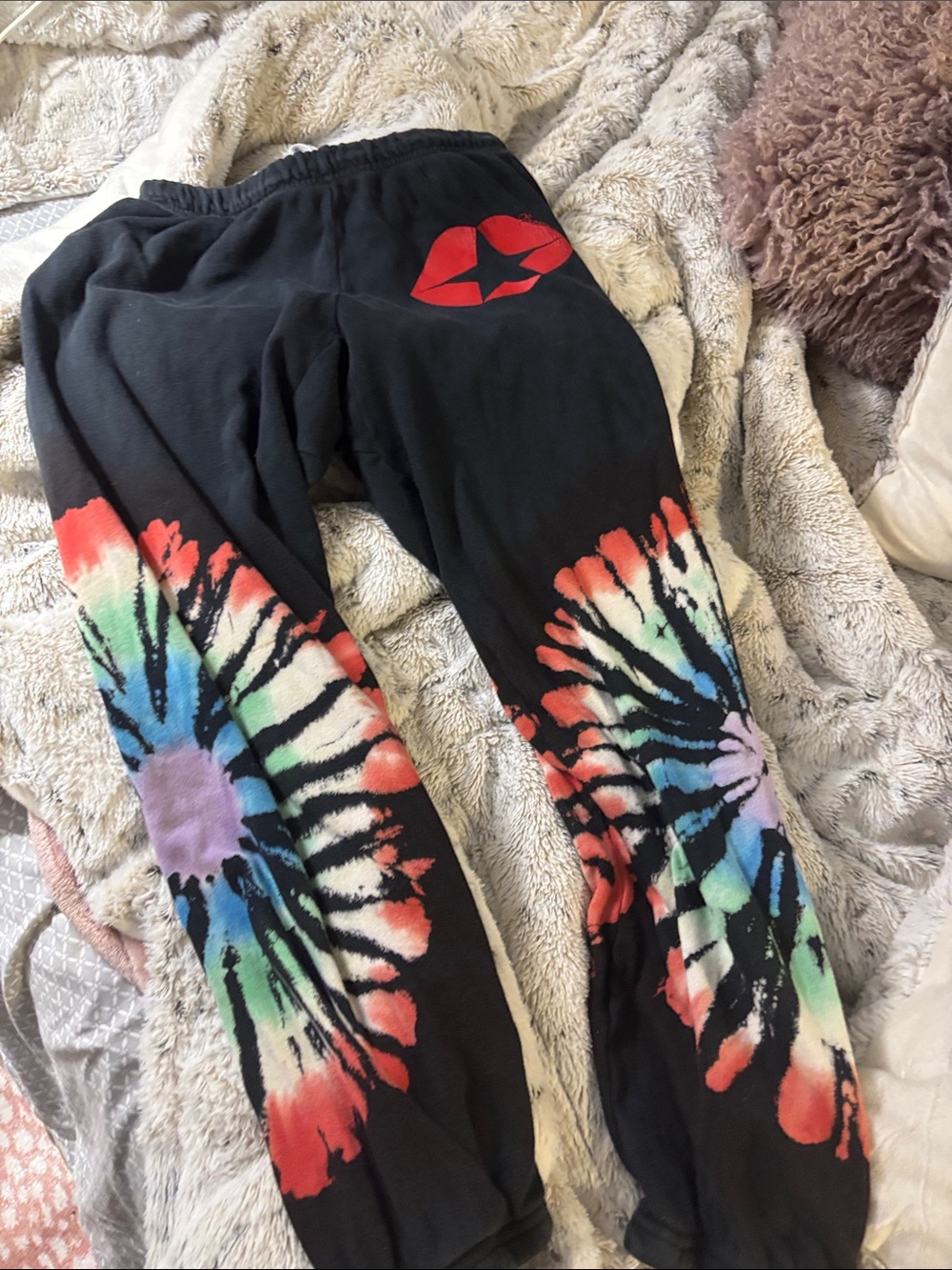Lauren Moshi Black Tie-Dye Joggers with Multicolor Burst and Red Lip Graphic